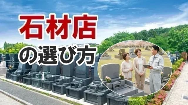 家族が石材店のスタッフと墓石の前で相談している様子